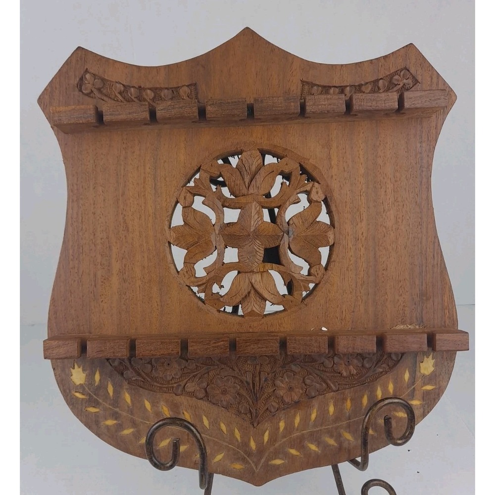 Wooden Spoon Rack Shelf Vintage Made In India 11x10" 15 Spoon Slots